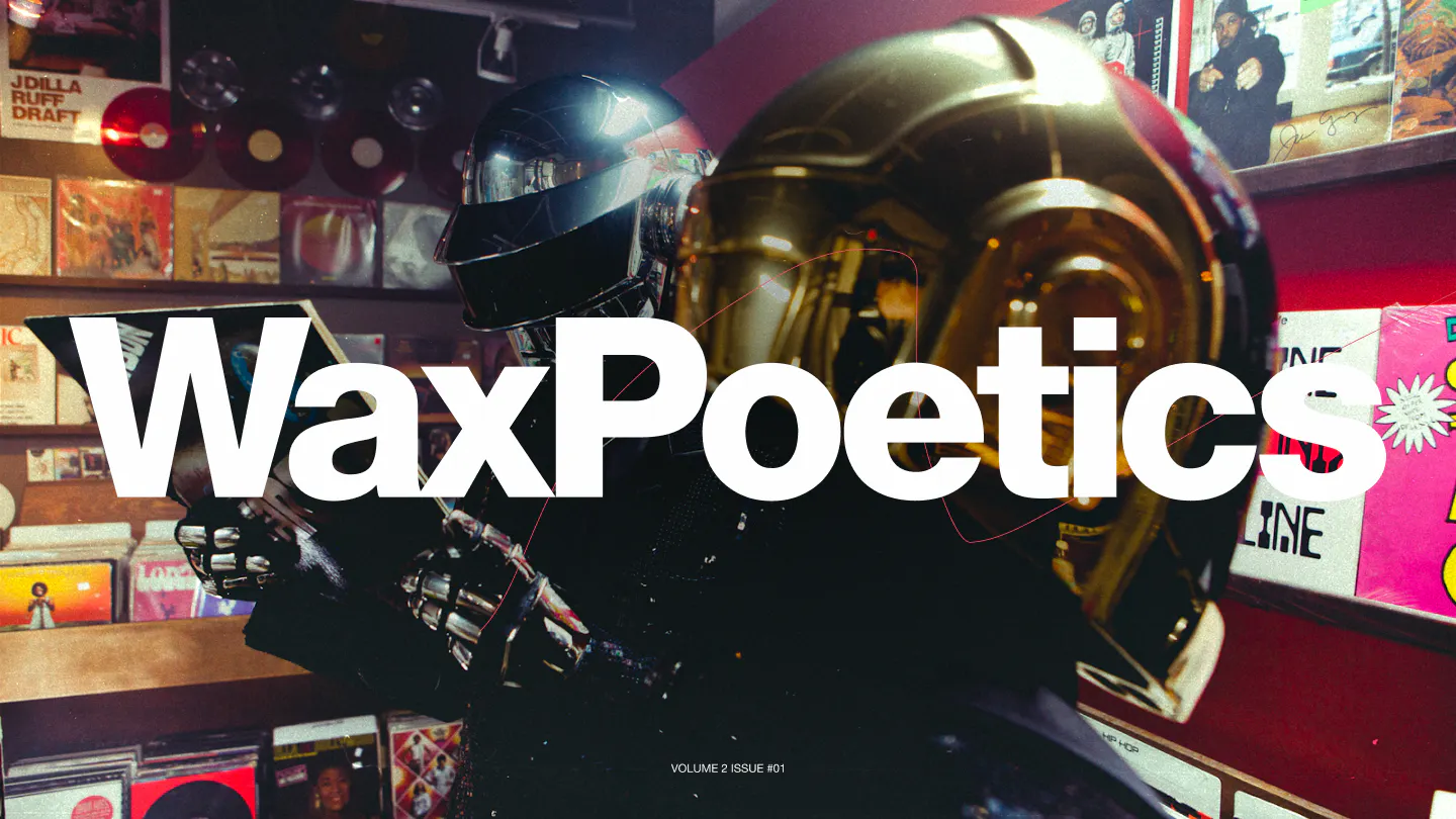 An image of a person wearing a golden helmet in a vinyl record store and the logo of wax poetics in the center in white font