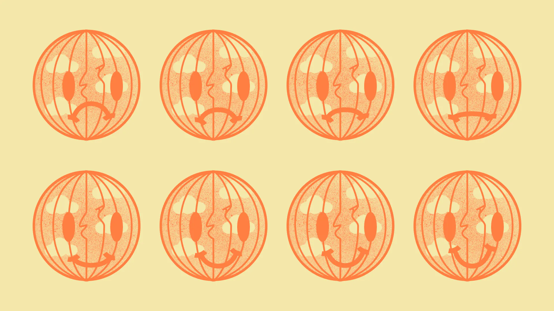 Sustainable Digital Design Various orange mood faces on yellow background - Green leaf with rotating orange banner - Sustainable Digital Design