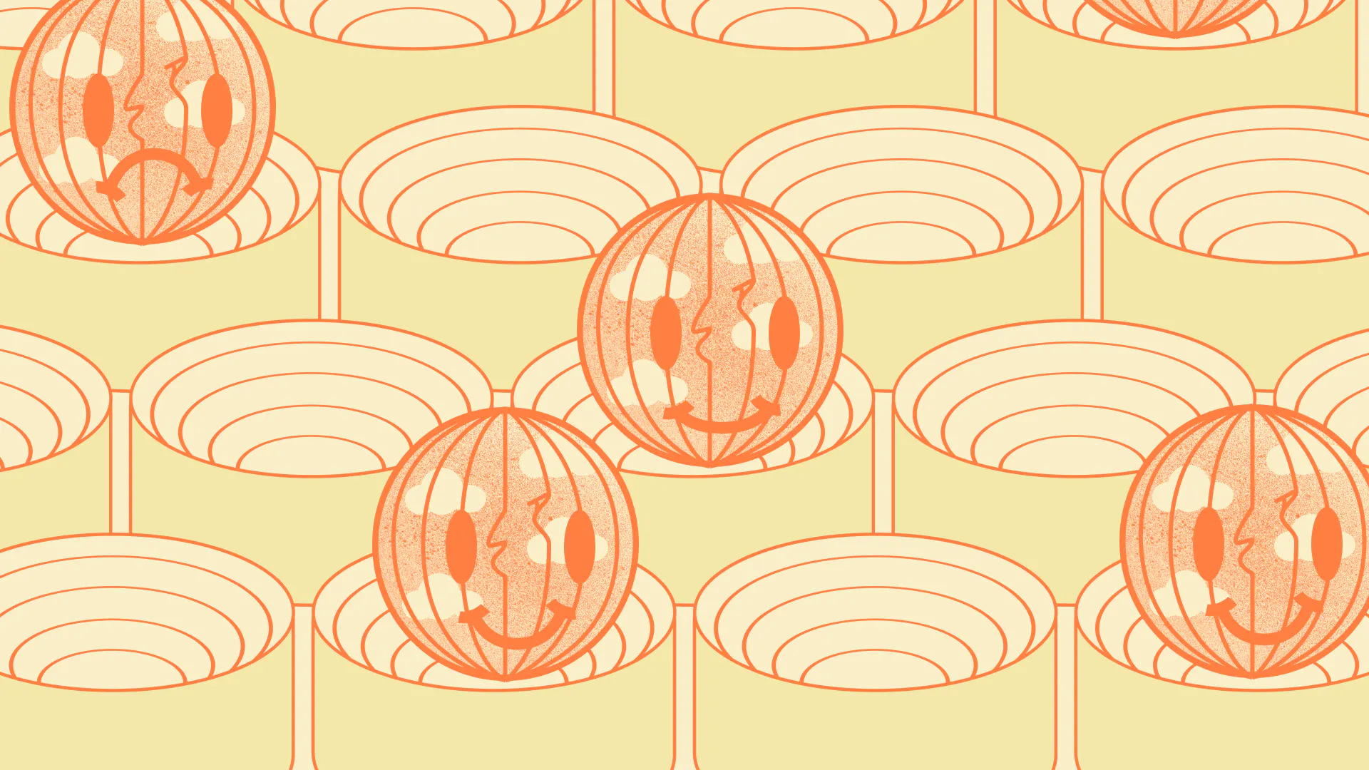 Sustainable Digital Design Yellow and orange shapes with circle smiley face -Green leaf with rotating orange banner - Sustainable Digital Design