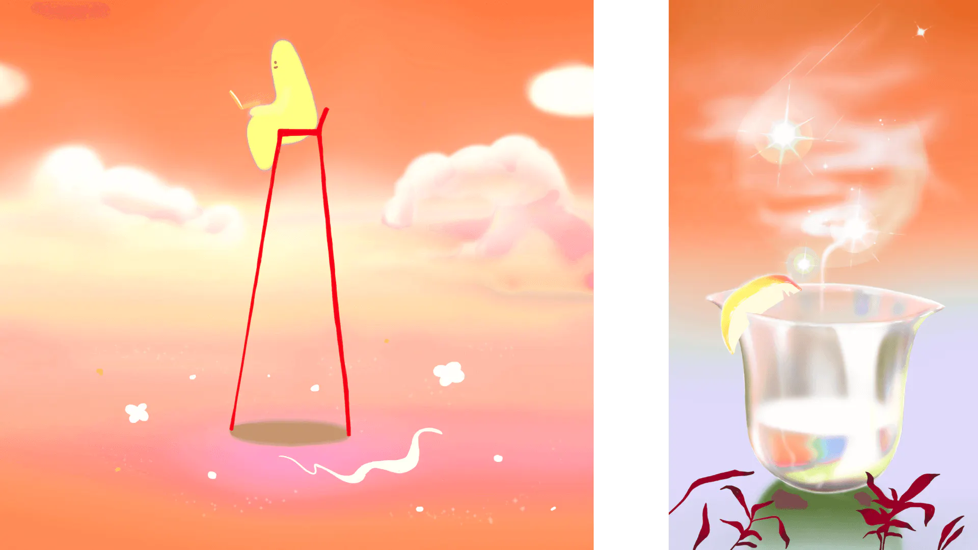 Our Reimagined Approach to Office Life Orange sky with puffy pink clouds and yellow blob sitting on tall red chair - Our Reimagined Approach to Office Life