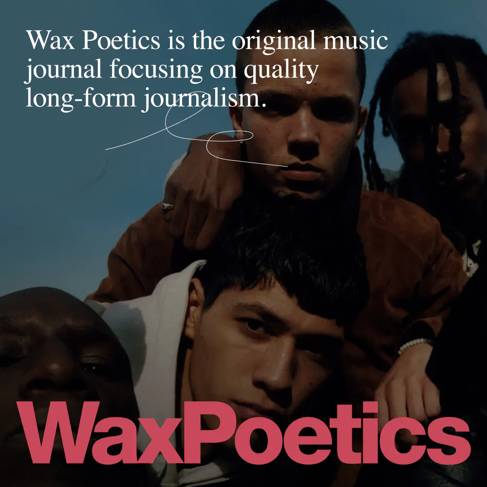 Wax Poetics Group photo of different people against blue sky with pink text overlay - Wax Poetics