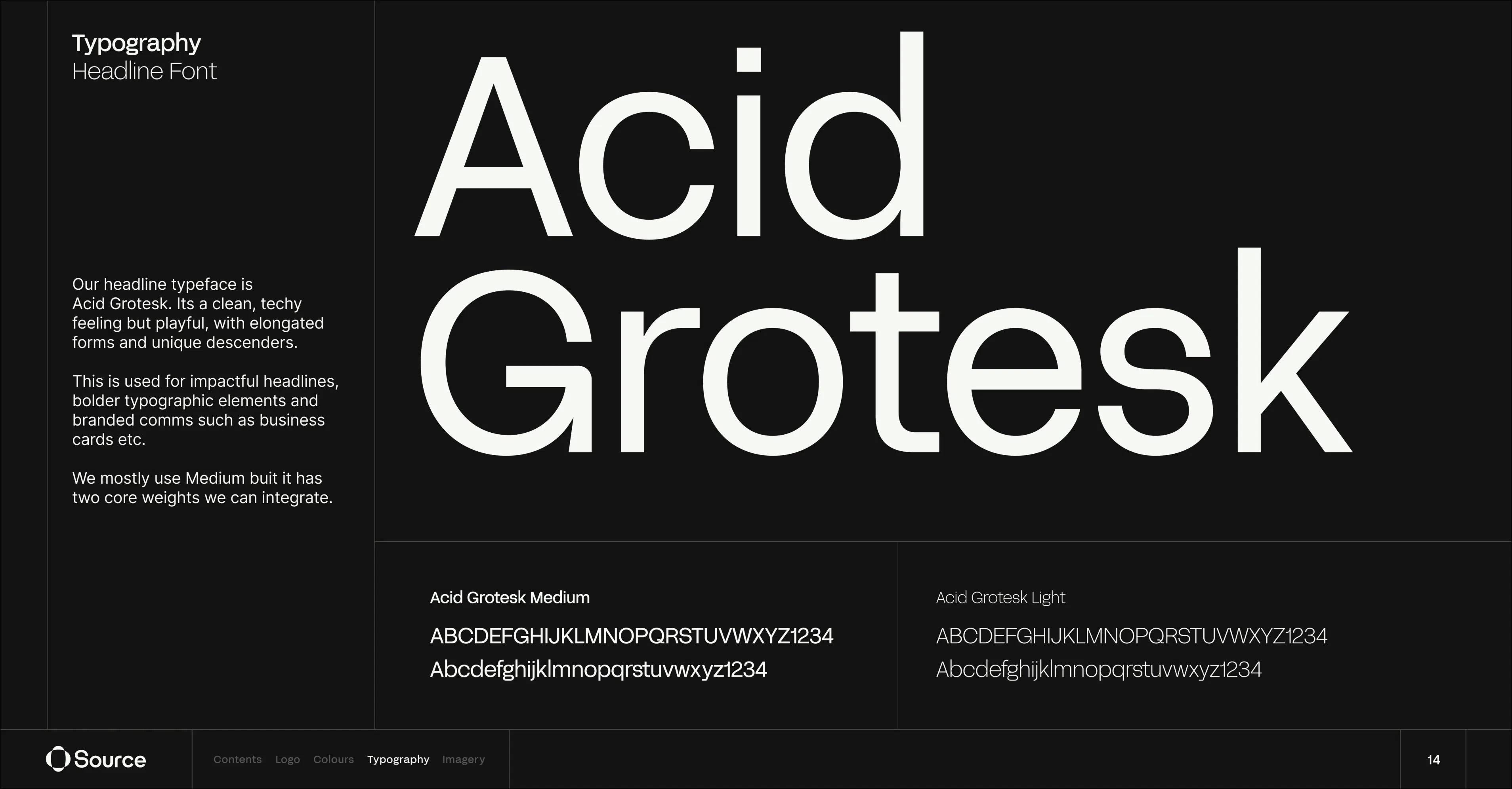 Font style entitled 'Acid Grotesk' on black background - Source.ag (Work page)