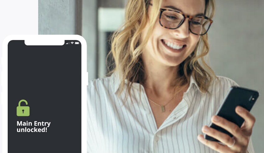 Image showing woman with phone in her hand and a screenshot of the user interface showing a message that an entry door has been unlocked.