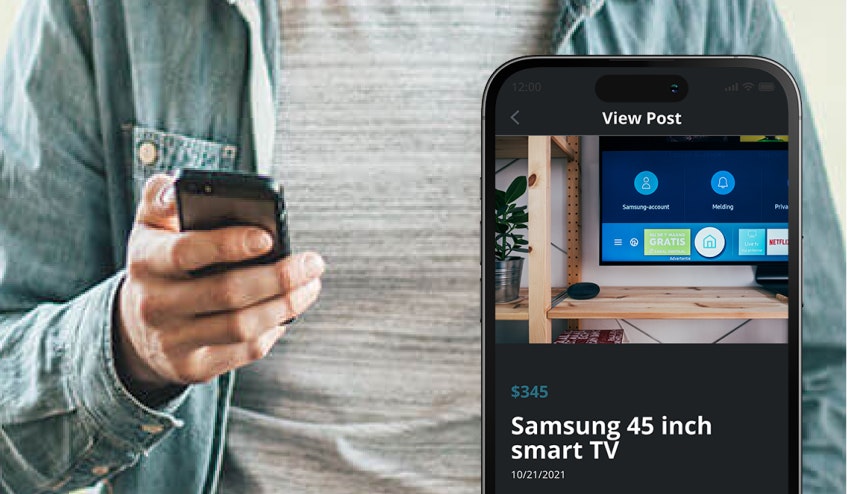 Image showing a cropped photo of a body of man holding a phone and another image of the user interface with a smart TV posted for sale