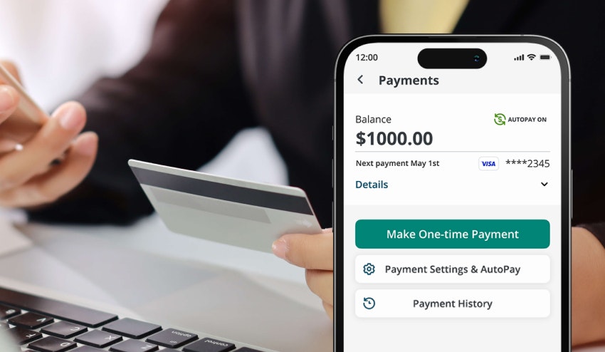 Image background showing a cropped image of a person sitting in front of their laptop holding a mobile phone in one hand and a credit card in the other. Image foreground showing the user interface of the current balance and options to pay.