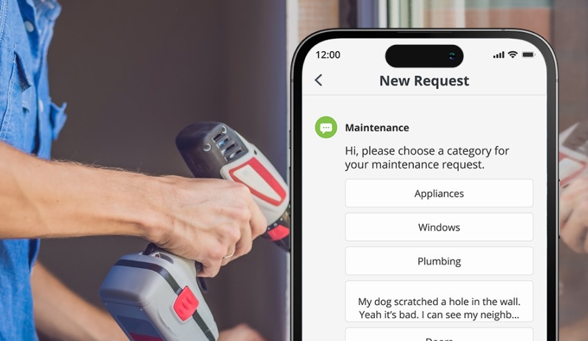 Image background showing a cropped photo of a man with a blue denim shirt holding a drill. Image foreground showing an image of the user interface with prompts to submit a maintenance request.