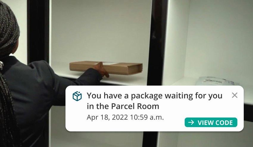 Image showing a woman retrieving a package from the parcel room with an overlay of a app notification informing the user that they have received a package
