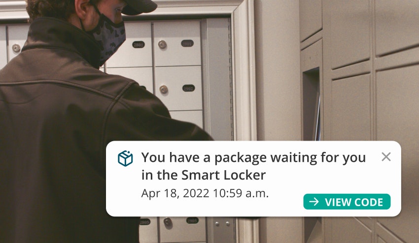 Image showing a courier depositing a package in a smart locker compartment with an overlay of a app notification informing the user that they have received a package