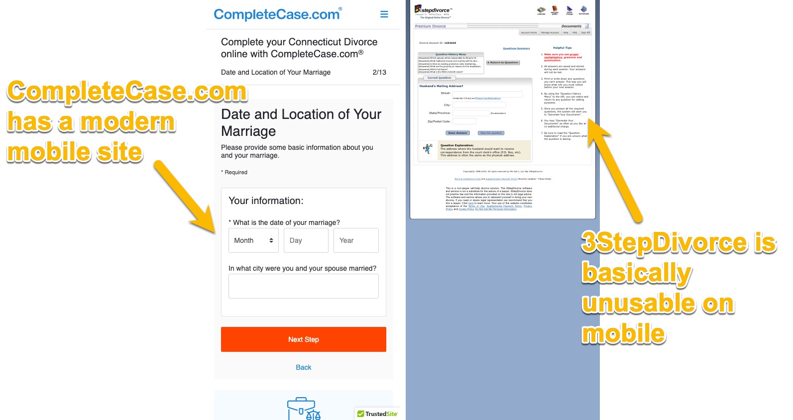 Comparison of screenshots from mobile phones for CompleteCase.com and 3StepDivorce.