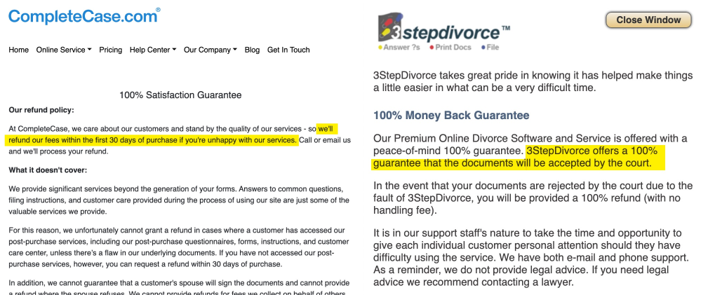 Screenshots showing the guarantees for 3StepDivorce and CompleteCase.com