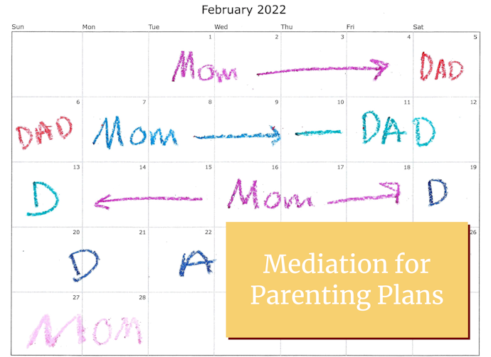 Calendar with a child's writing on it specifying which days are at which parent's