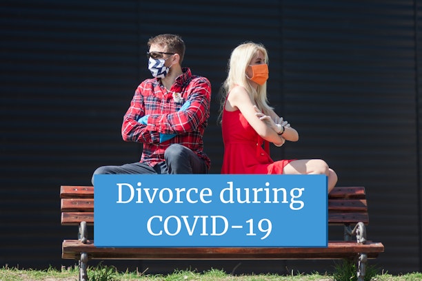 A couple with masks on facing away from each other with the text overlay "Divorce during COVID-19"