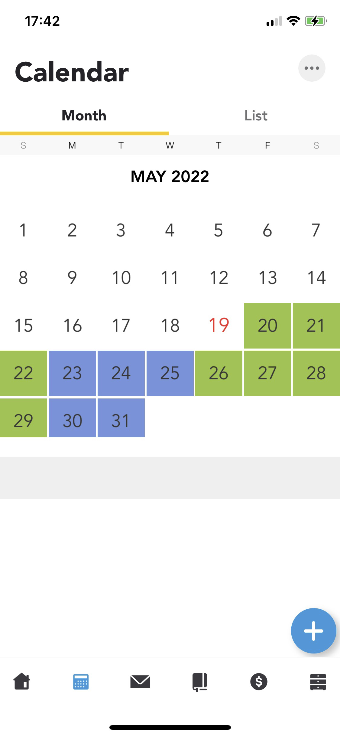 OurFamilyWizard calendar showing one parent's child care days in green and the other's in blue