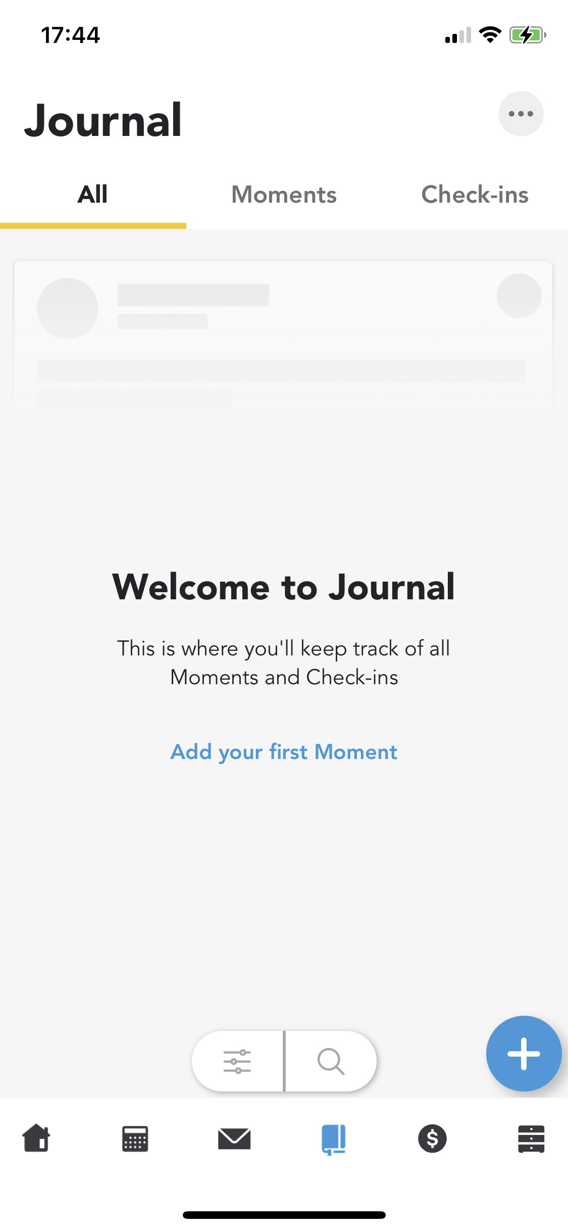 Screenshot of the Journal feature that includes two categories, Moments and Check-ins.