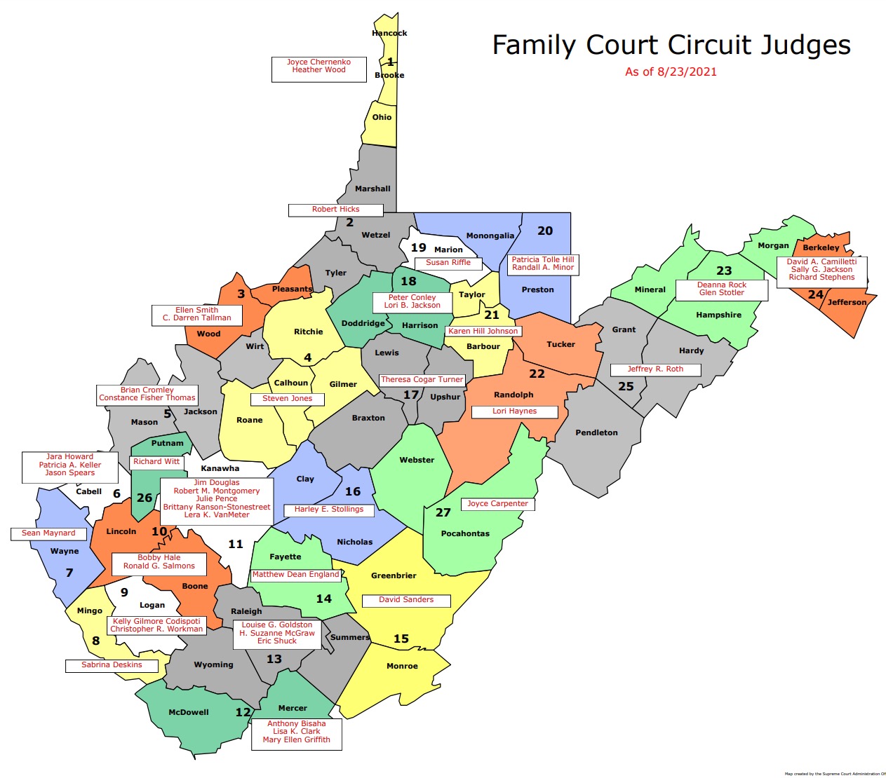 Map of West Virginia Family Court districts with judges