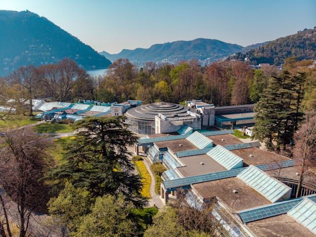 Conference center with trees and mountains