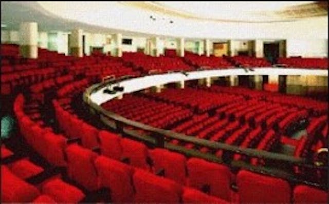 Hall of the Olympic Theater in Rome with red chairs