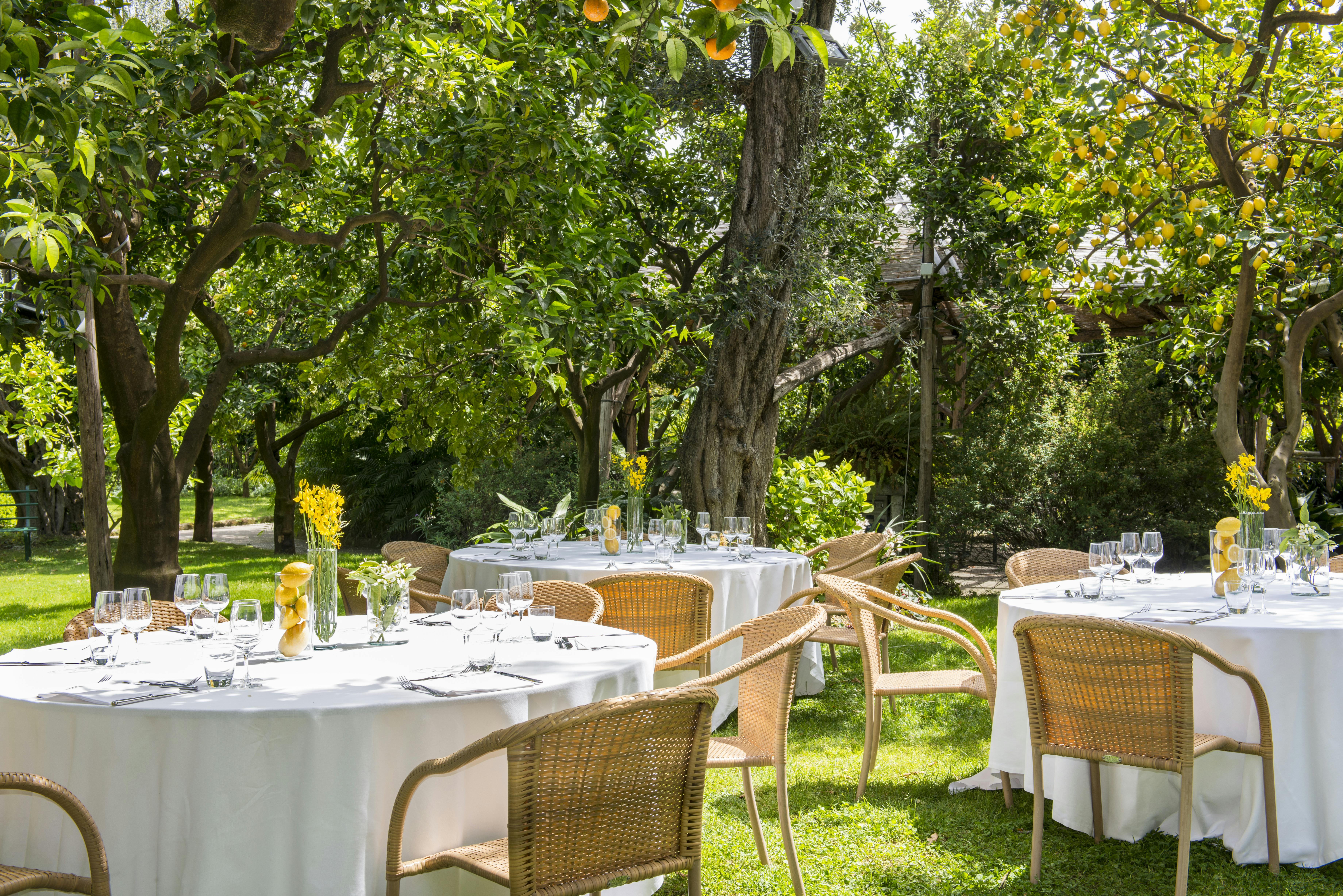 Tavoli con apparecchiature bianche in giardino al'aperto con alberi