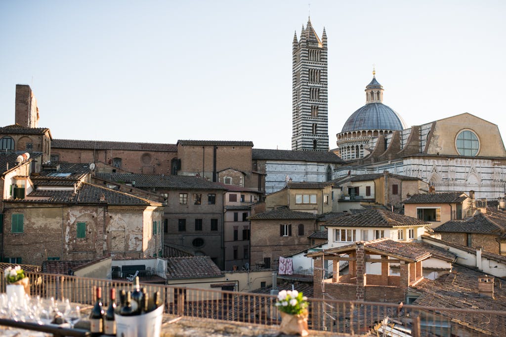 The view on the cathedral of Siena from the terrace of the Roccabruna tower