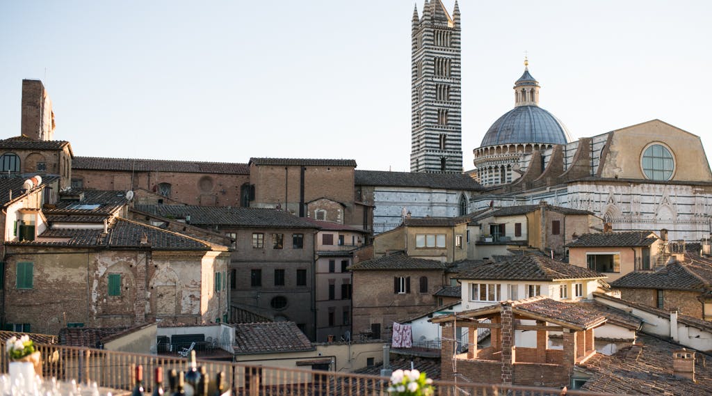 The view on the cathedral of Siena from the terrace of the Roccabruna tower