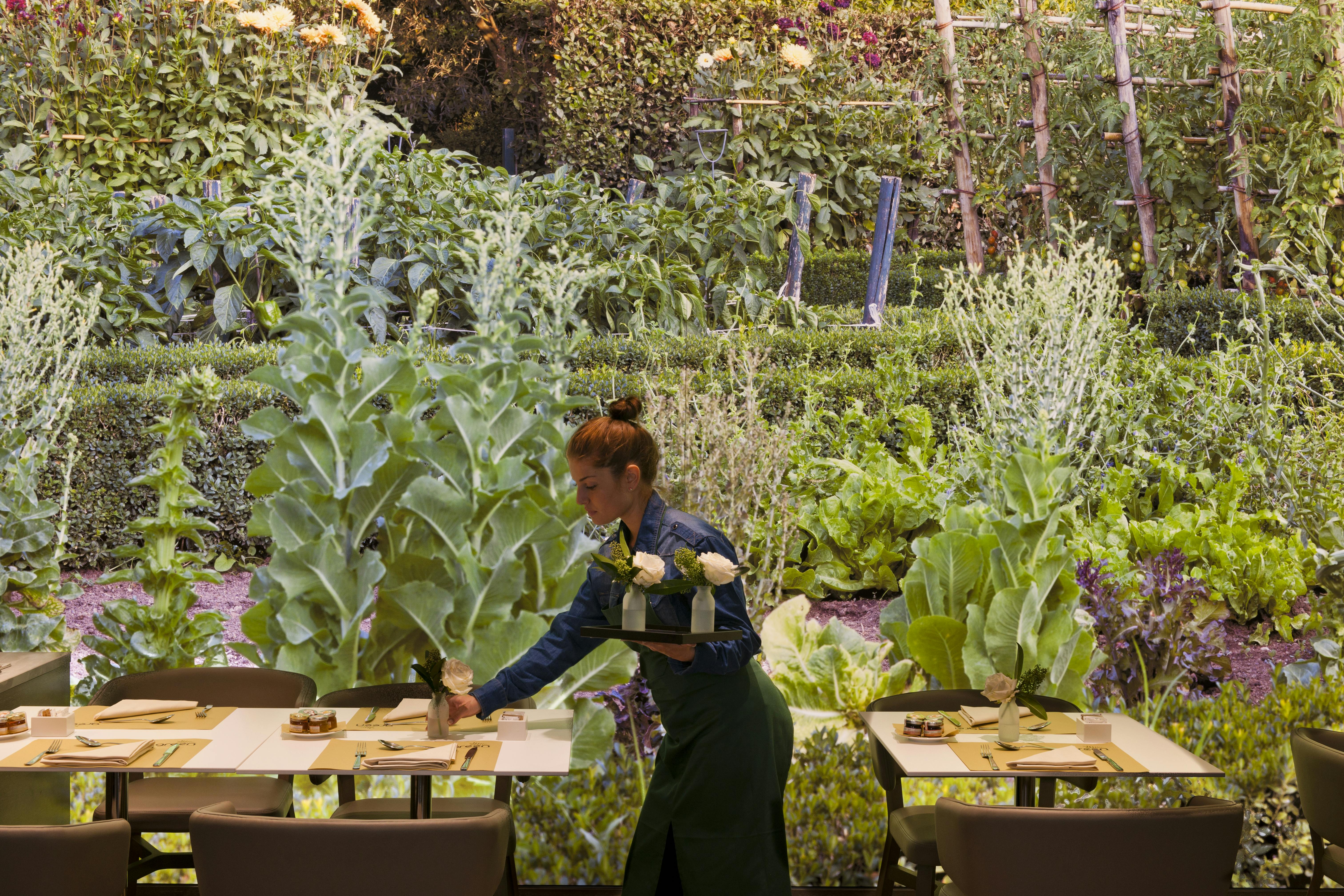 Ristorante con ragazza e fiori