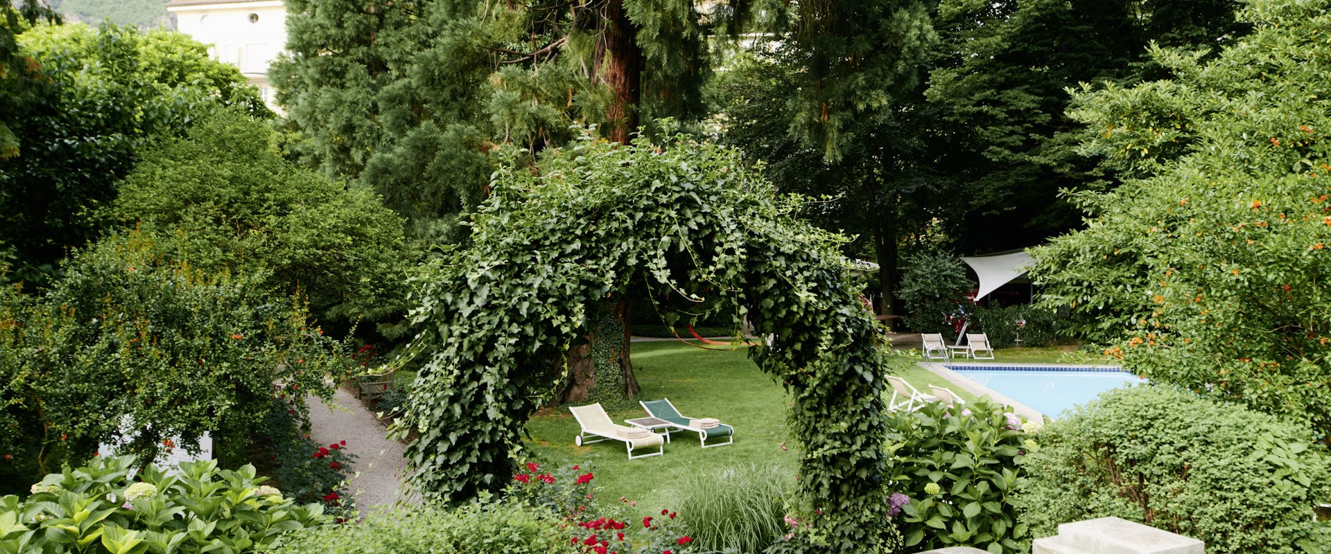 giardino con alberi e piscina