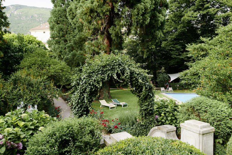 giardino con alberi e piscina