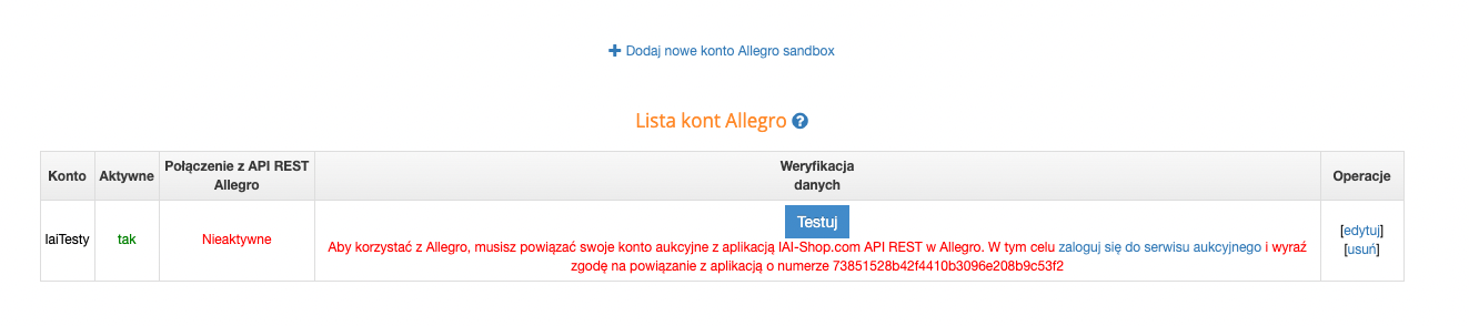 Błąd powiązania z API REST Allegro po teście konfiguracji konta