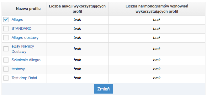 Lista profili dostaw używanych do integracji z serwisem aukcyjnym