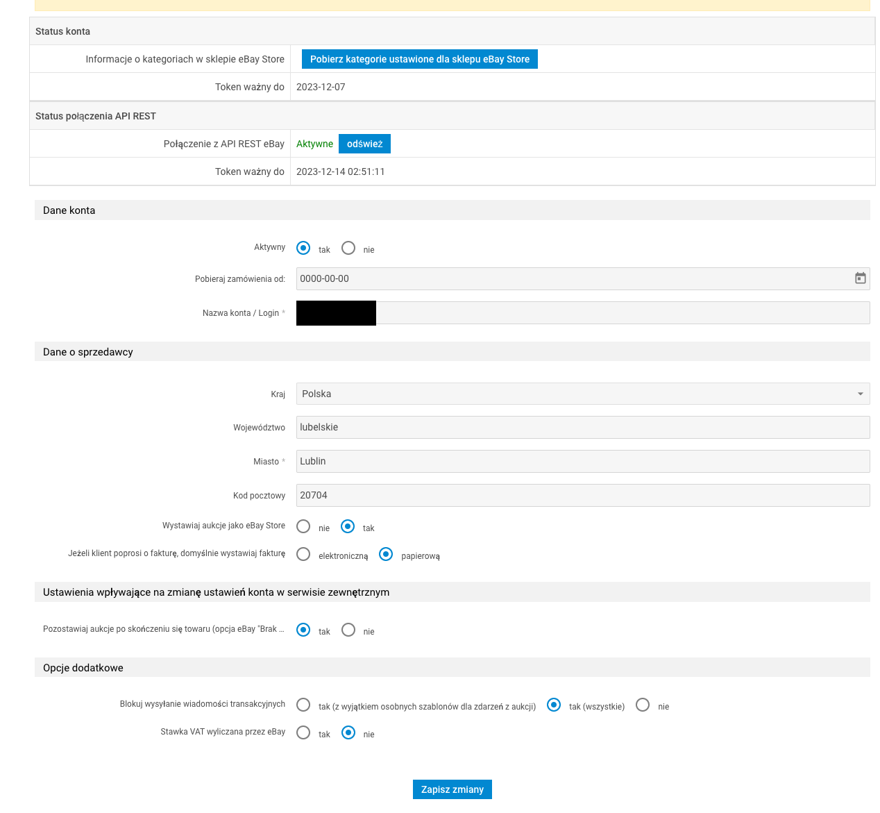 Widok konfiguracji konta eBay w panelu IdoSell