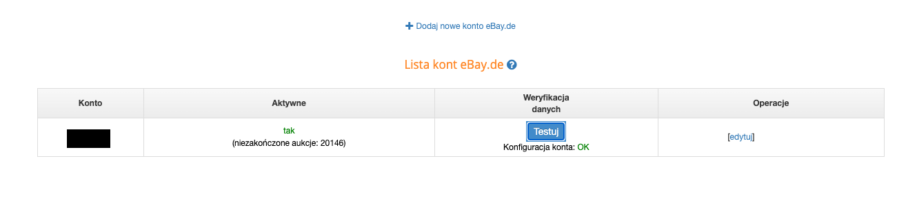 WIdok podpięcia konta eBay