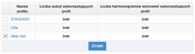 Lista profili dostaw używanych do integracji z serwisem