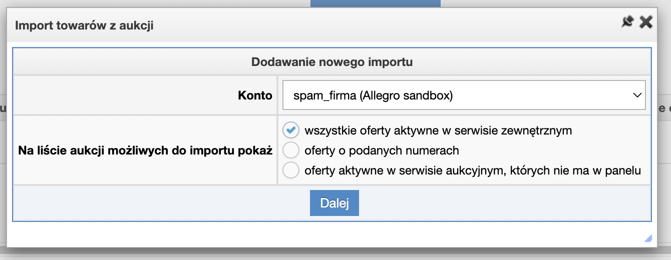 Dodawanie nowego importu