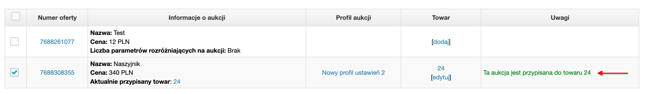 Widok prawidłowo przypisanej oferty do produktu.
