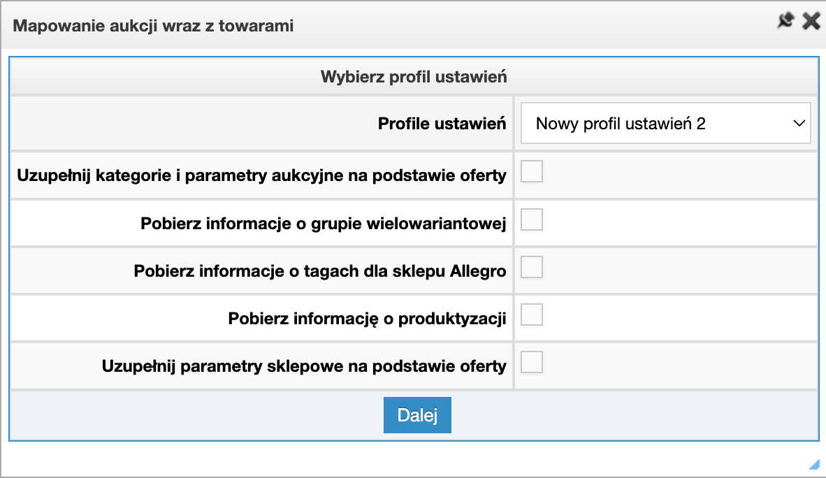 Widok okna z wyborem jakie dane mają być pobrane podczas mapowania oferty do IdoSell