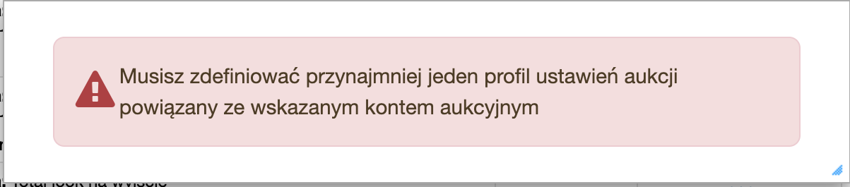 Błąd informujący o braku profilu ustawień.