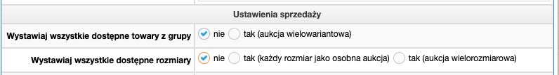 Ustawienia rodzaju oferty w profilu ustawień (aukcja pojedyncza)