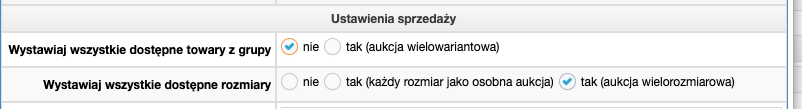 Ustawienia rodzaju oferty w profilu ustawień - aukcja wielorozmiarowa