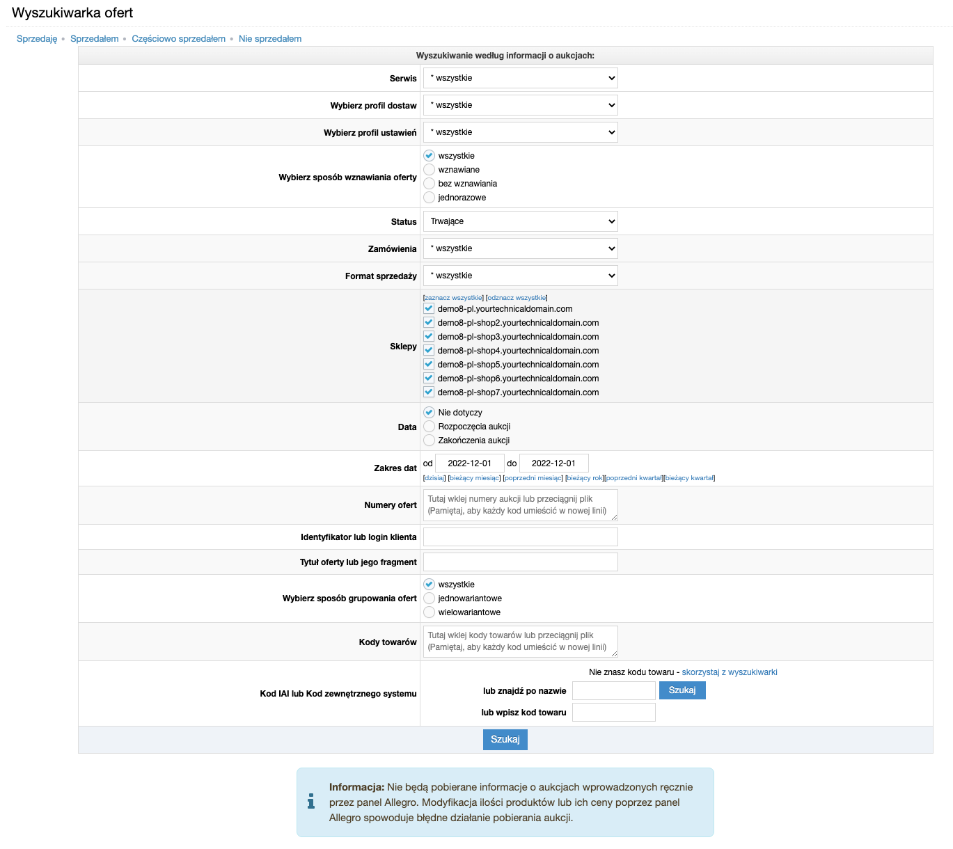 Widok wyszukiwarki ofert Allegro, eBay oraz eMag w panelu IdoSell