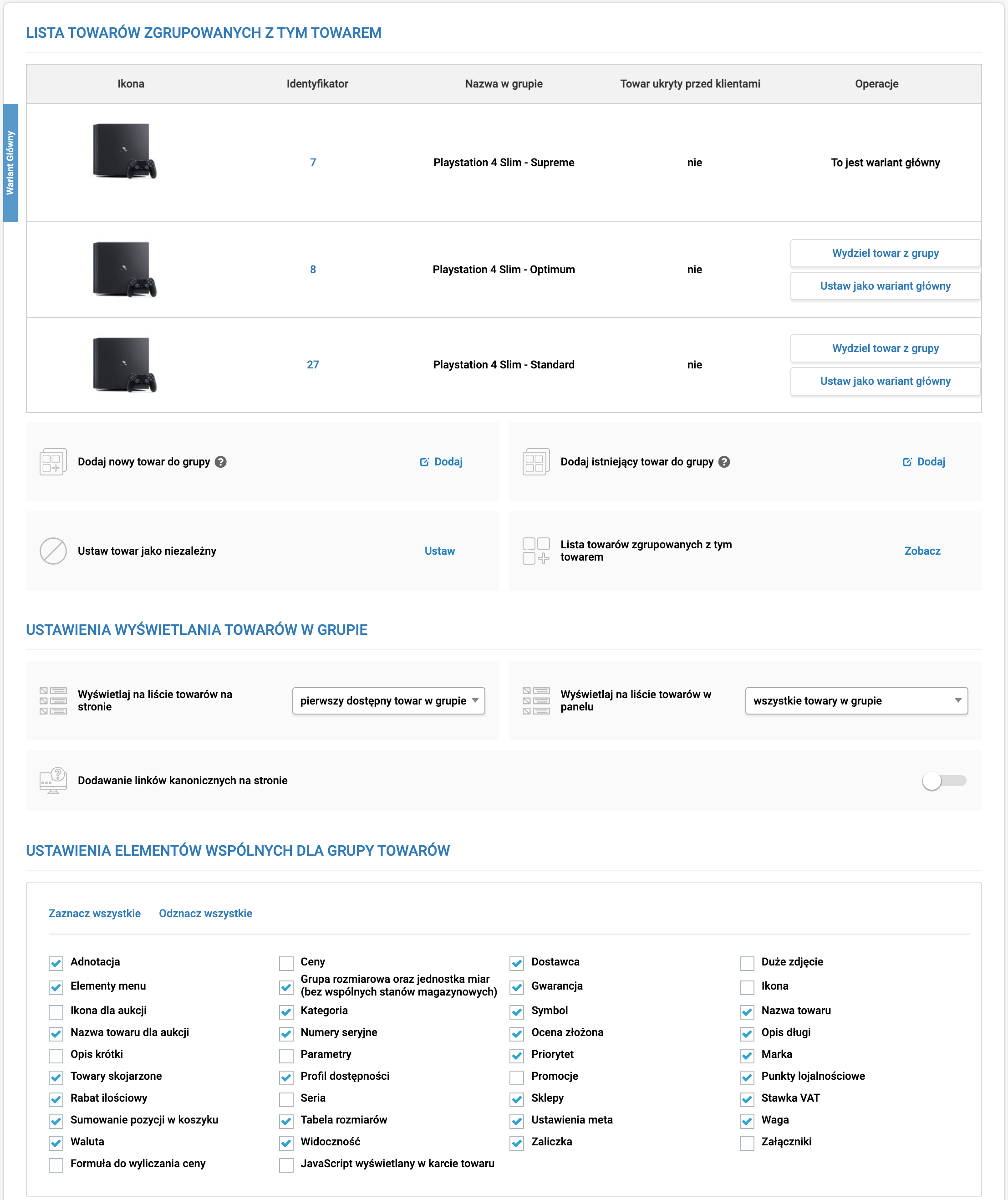 Zarządzanie grupą towarów z poziomy karty towaru.