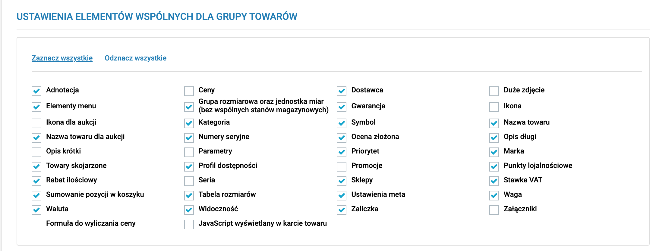 Ustawienia elementów wspólnych w grupie.