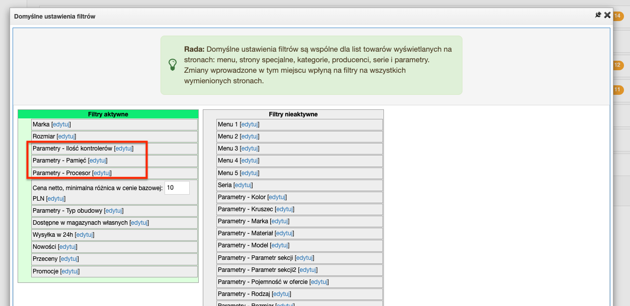 Widok ustawień filtrów utworzonych na podstawie parametrów towarów.