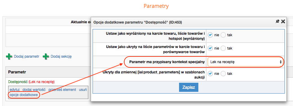 Parametr z kontekstem specjalnym - lek na receptę