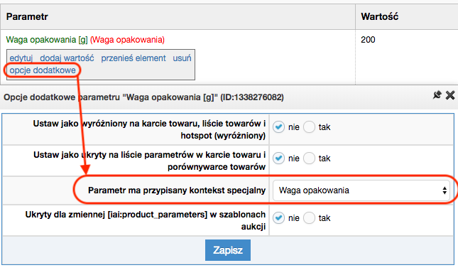 Parametr z kontekstem specjalnym - waga opakowania