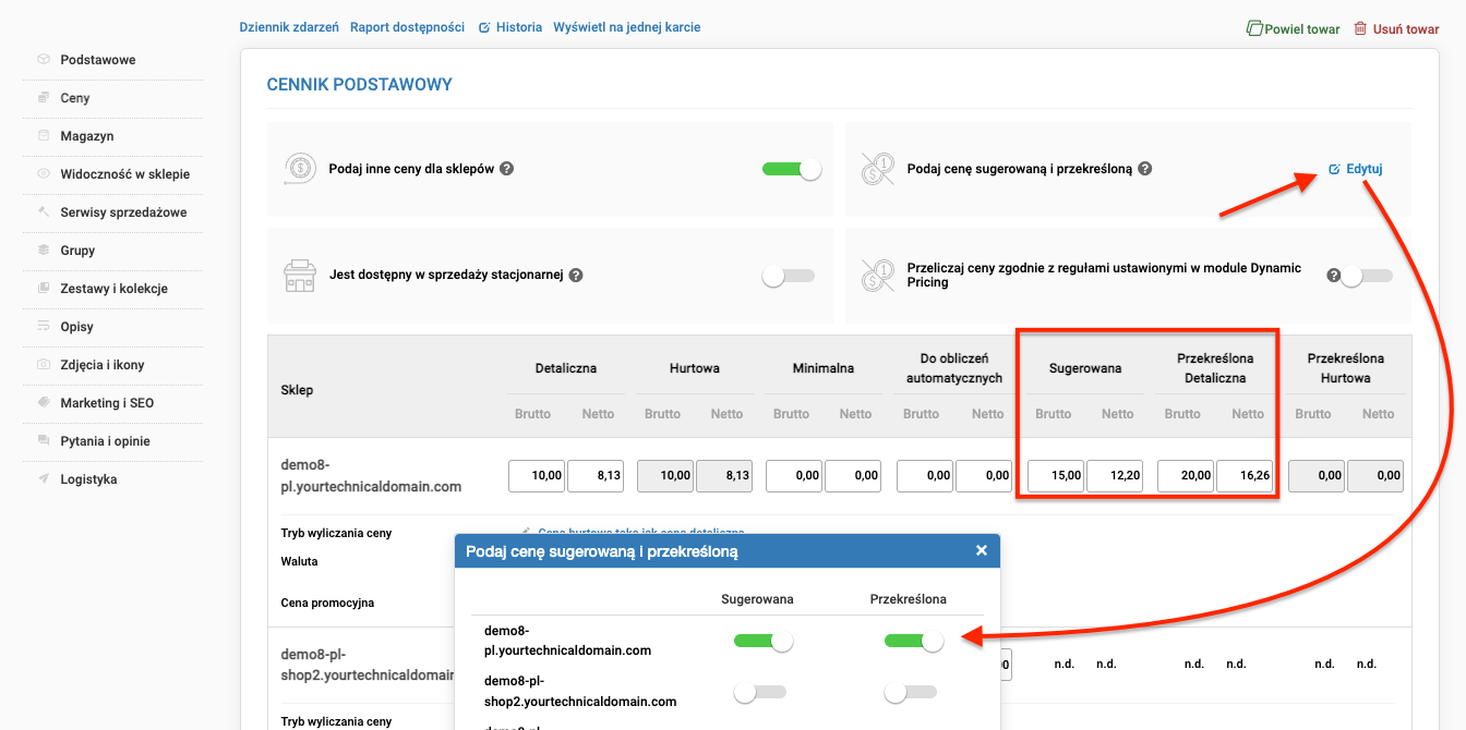 Ustawienie ceny przekreślone oraz ceny katalogowej