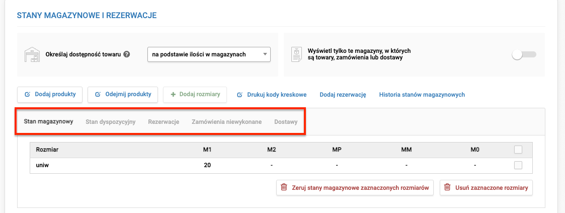 Widok stanów magazynowych na karcie towaru.