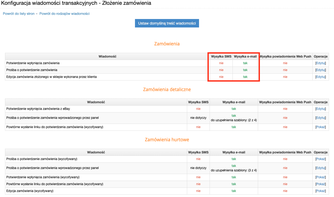 Lista szablonów wiadomości transakcyjnych