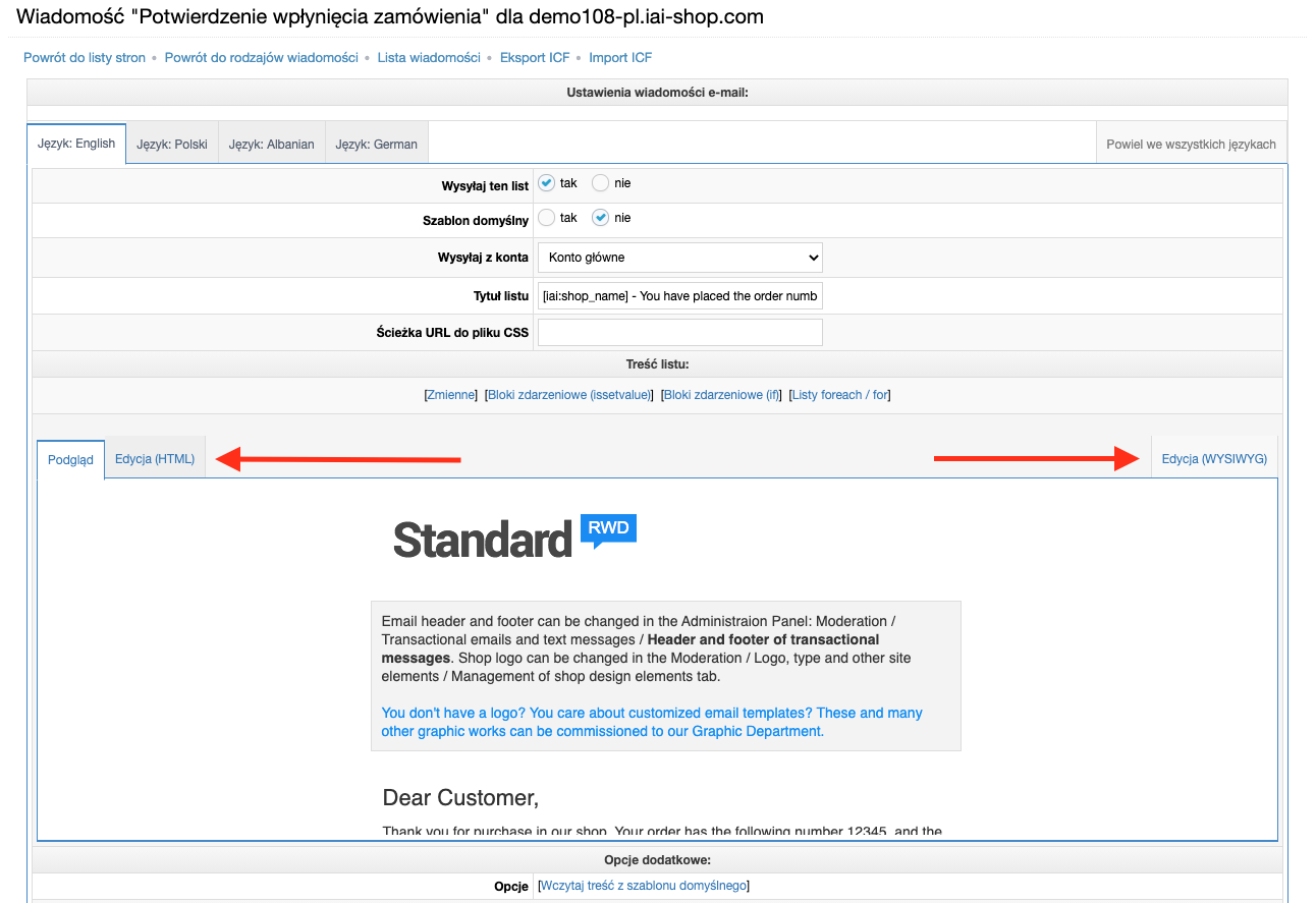 Edycja HTML i WYSWIG szablonu wiadomości e-mail