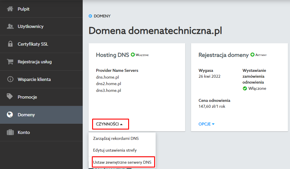 delegacja domeny panel home.pl