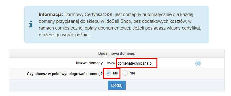 Delegacja pełna domeny - panel Idosell